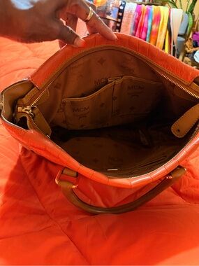 MCM Orange Croc-Embossed Leather Tote